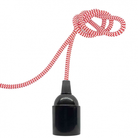 Bakelite E27 Bare Pendant Light with Red & White Fabric Cable